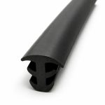 Black rubber weatherstripping seal with a U-shaped hollow channel for doors or windows, shown in close-up.