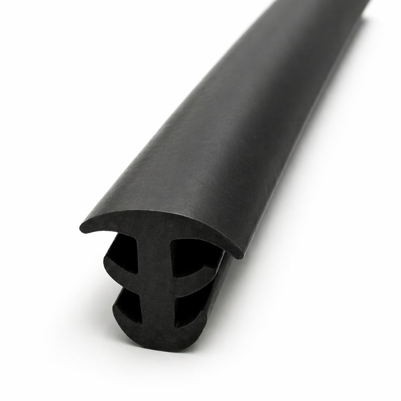 Black rubber weatherstripping seal with a U-shaped hollow channel for doors or windows, shown in close-up.